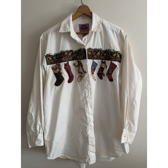 Vintage 90s Western Embroidered Button Down Shirt Christmas Stockings Medium - Picture 1 of 10